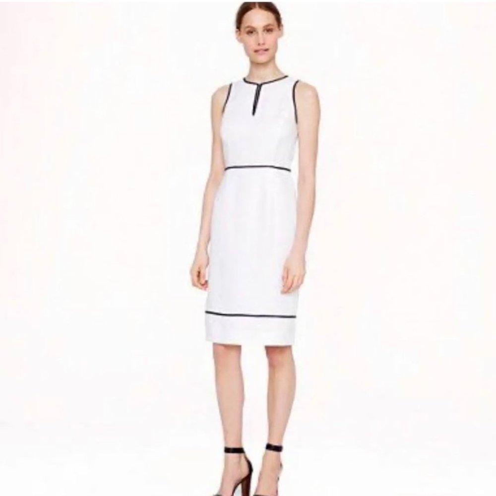 J.Crew Herringbone 100% Linen Fully Lined White with Blue Piping Midi Dress 6